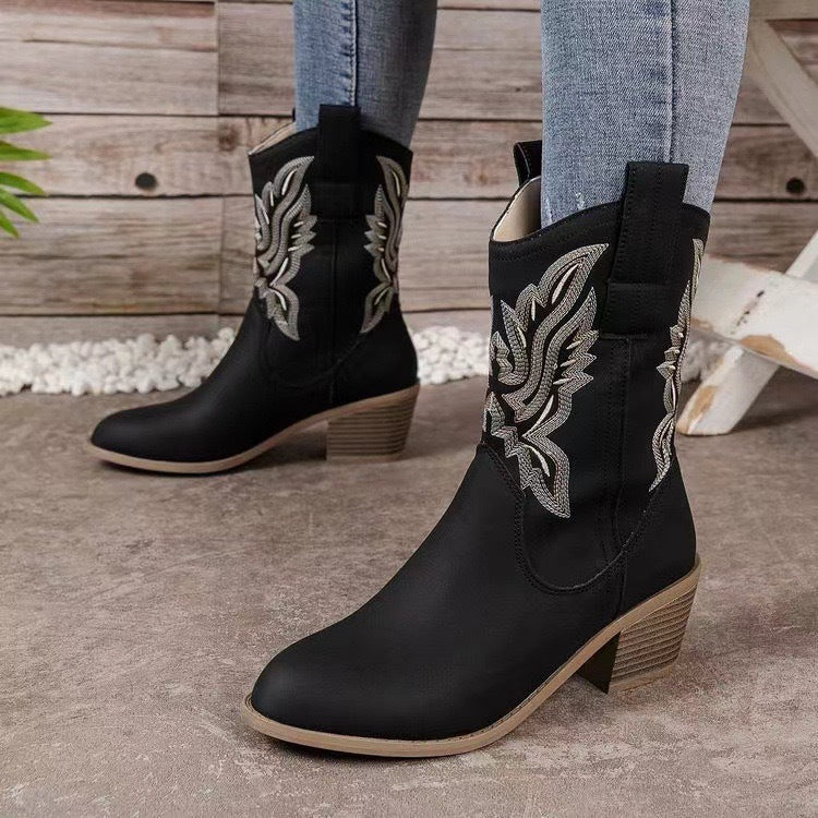 Orthopedic Balance Embroidered Western Boots - Chunky Heel