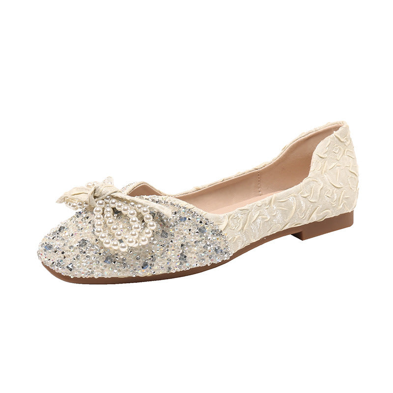 Orthopedic Balance Square Toe Flats - Rhinestone Pearl Detail