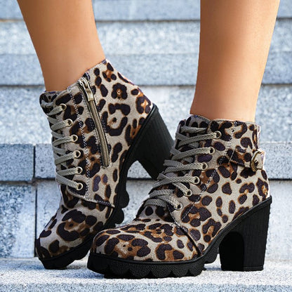 Orthopedic Balance Leopard Print Ankle Boots - Square Heel