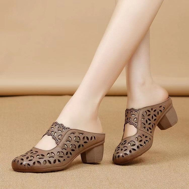 Orthopedic Balance Women’s Vintage Cut-Out Heeled Mules – Breathable Comfort Slip-On Shoes