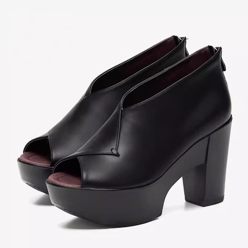 Leah | Women’s Orthopedic Peep-Toe Block Heel Leather Shoes