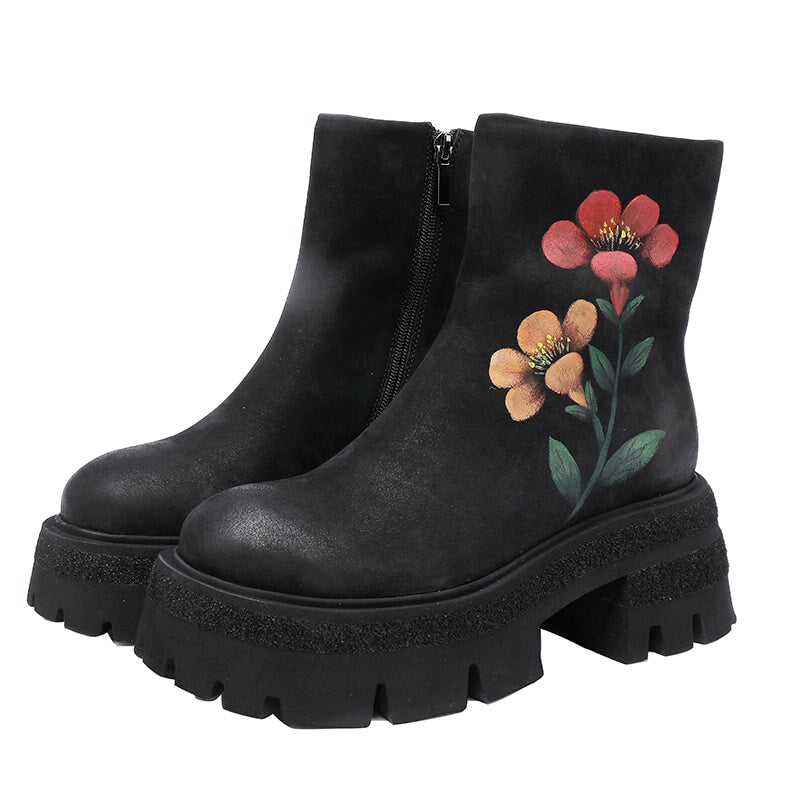 Leia | Women’s Floral Embroidered Orthopedic Chunky Ankle Boots