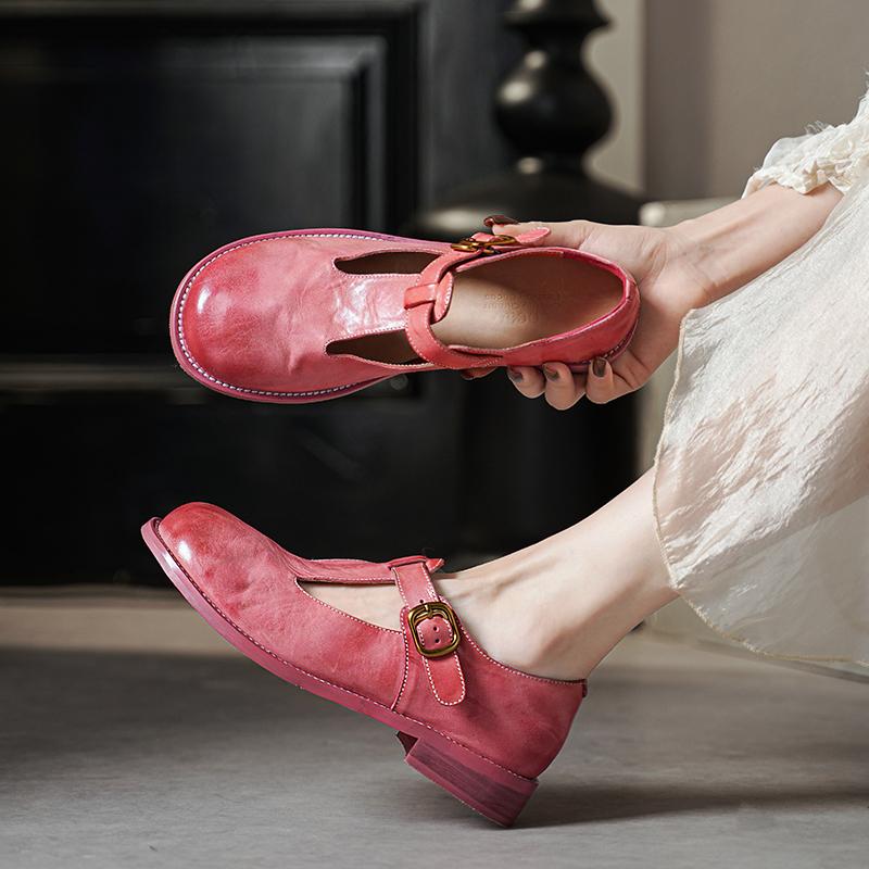 Jaala | Vintage T-Strap Leather Orthopedic Shoes with Round Buckle