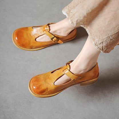 Jaala | Vintage T-Strap Leather Orthopedic Shoes with Round Buckle