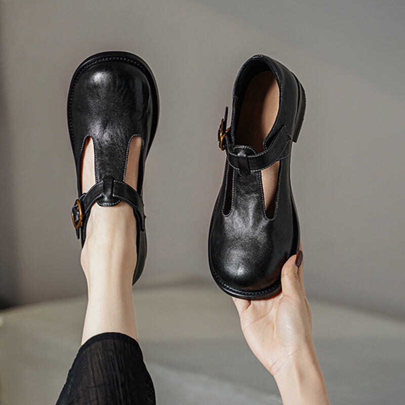 Jaala | Vintage T-Strap Leather Orthopedic Shoes with Round Buckle
