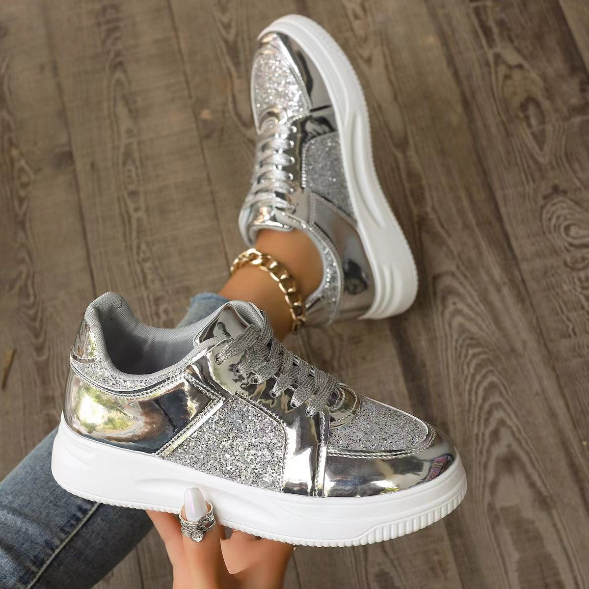 Orthopedic Balance Unique Sequined Lace-Up Flat Shoes