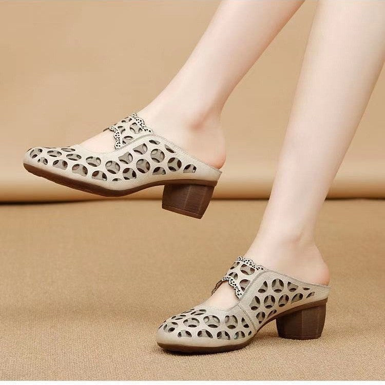 Orthopedic Balance Women’s Vintage Cut-Out Heeled Mules – Breathable Comfort Slip-On Shoes