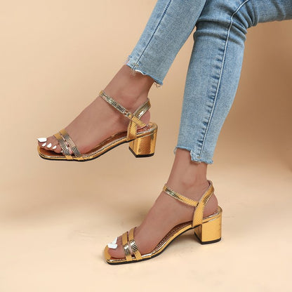 Orthopedic Balance Metallic Ankle Strap Block Heel Sandals