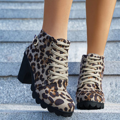 Orthopedic Balance Leopard Print Ankle Boots - Square Heel