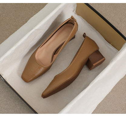 Women’s Square-Toe Block Heel Pumps – Classic Textured Low Heels