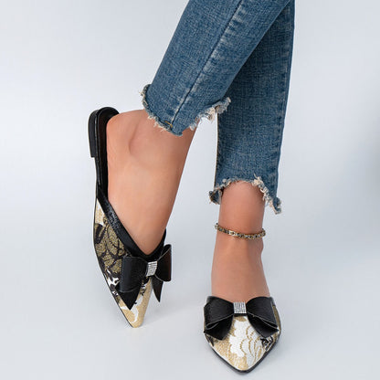 Orthopedic Balance | Metallic Bow Pointed Toe Mule Flats