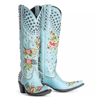 Orthopedic Balance Floral Blue Studded Pointed Toe Boots
