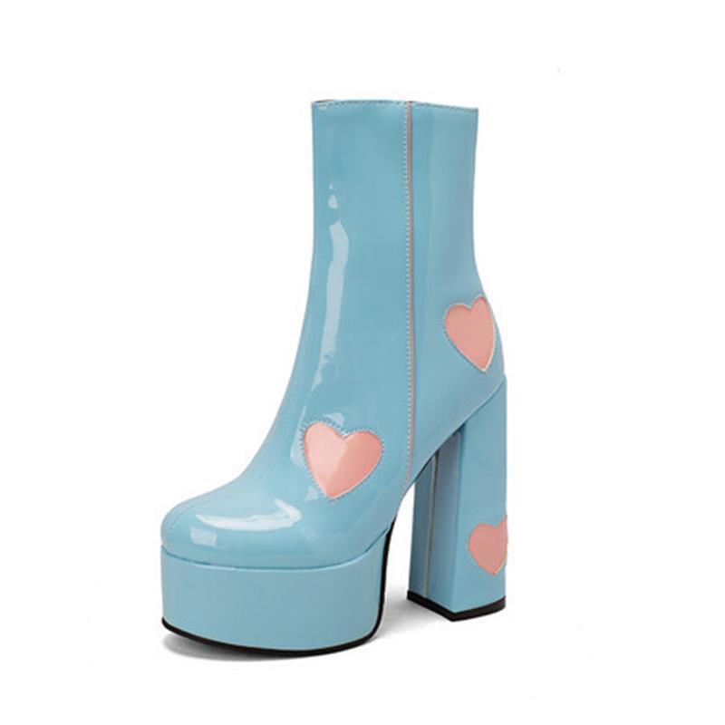 Quinley | Glossy Black Platform Heart Accent Ankle Boots