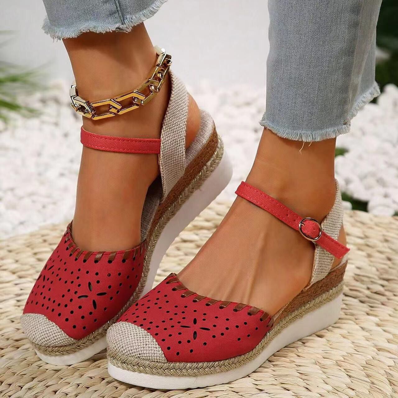 Orthopedic Balance Breathable Woven Mary Jane Platform Sandals