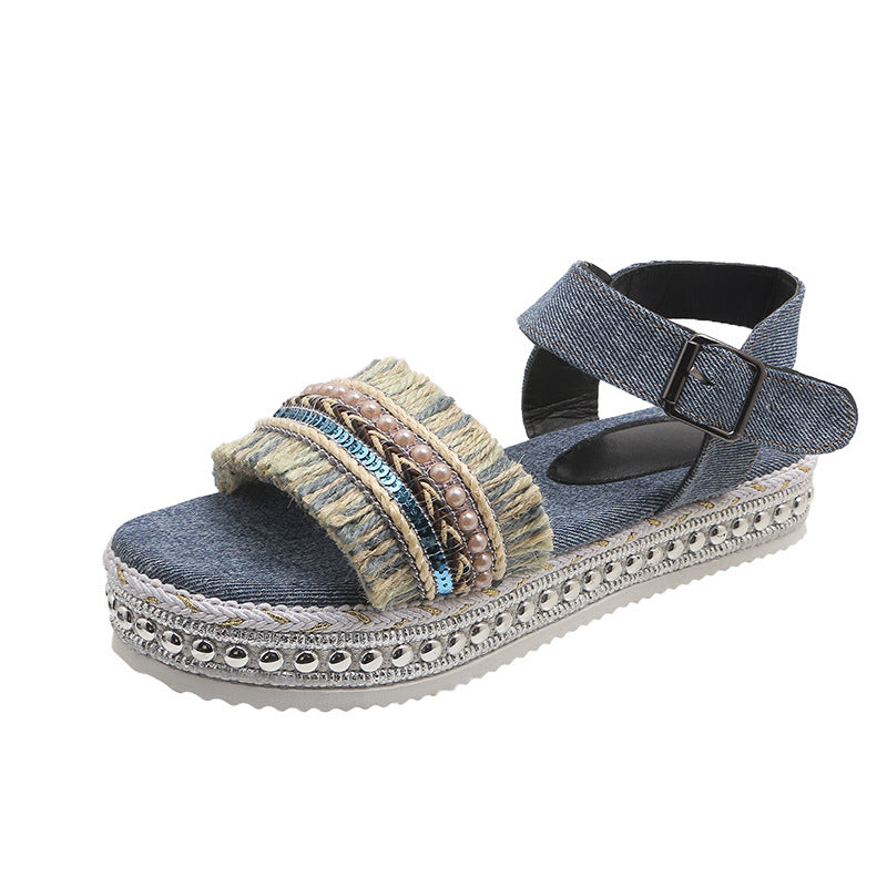 Orthopedic Balance Denim Sandals With Fringe, Ethnic And Unique Style For Summer