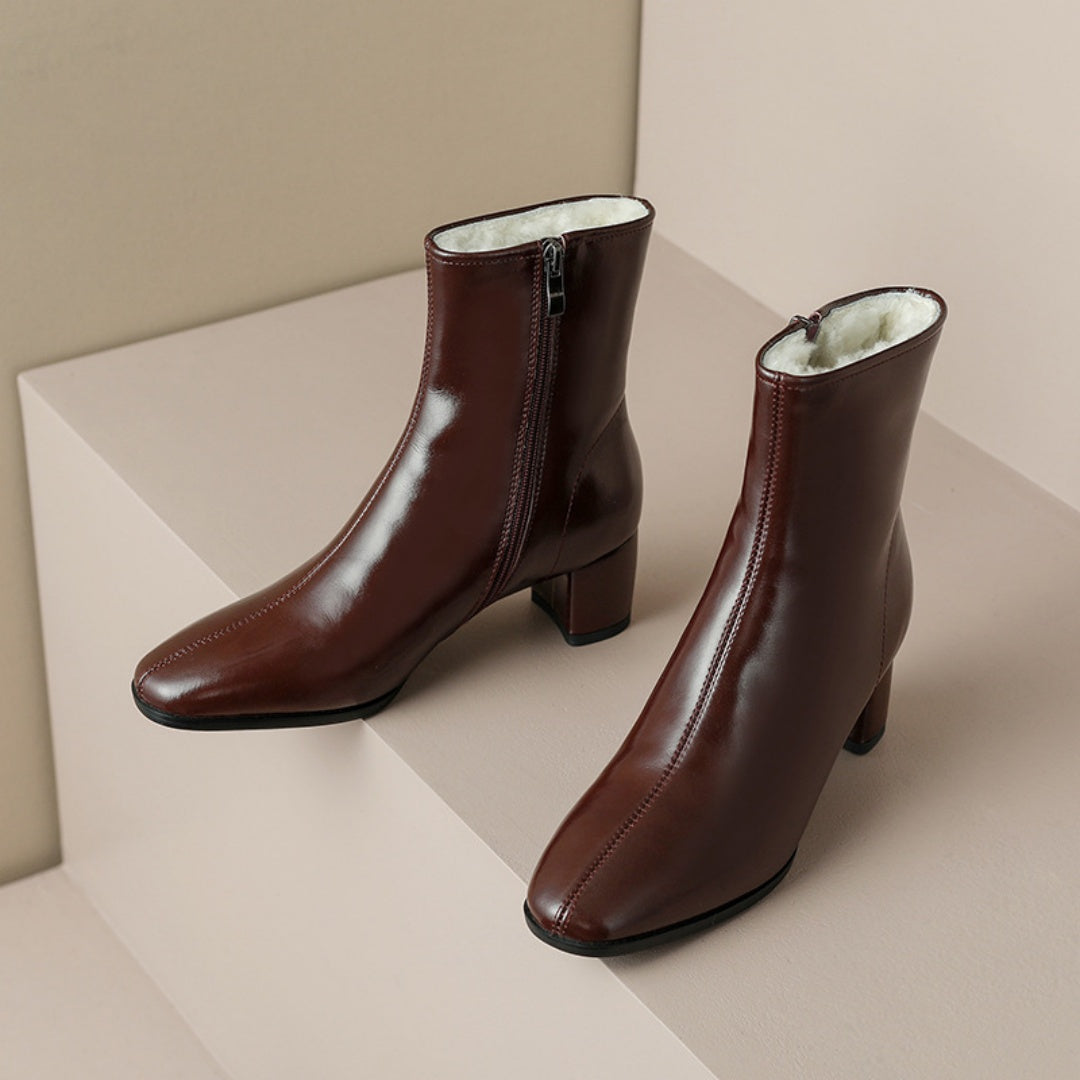 Celeste | Fur-Lined Side-Zip Leather Block Heel Boots