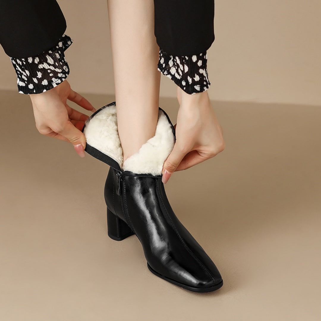 Celeste | Fur-Lined Side-Zip Leather Block Heel Boots