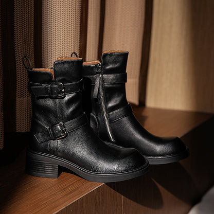 Sandy | Women's Double Belt Buckle Side Zipper Chunky Heel Ankle Boots