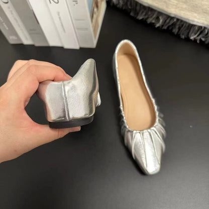 Orthopedic Balance Women’s Metallic Pleated Flats – Elegant Pointed Toe Comfort Shoes