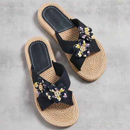 Orthopedic Balance Floral Rhinestone Raffia Slide Sandals