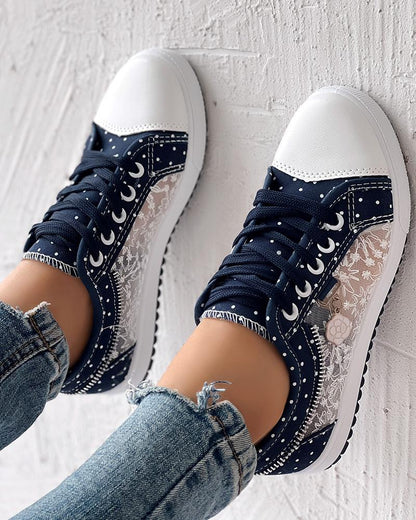 Calista | Denim Lace-Up Sneakers – Breathable Floral Mesh Design