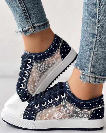 Calista | Denim Lace-Up Sneakers – Breathable Floral Mesh Design
