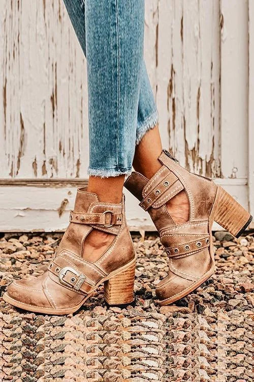 Taylen | Distressed Cutout Buckle Block-Heel Booties