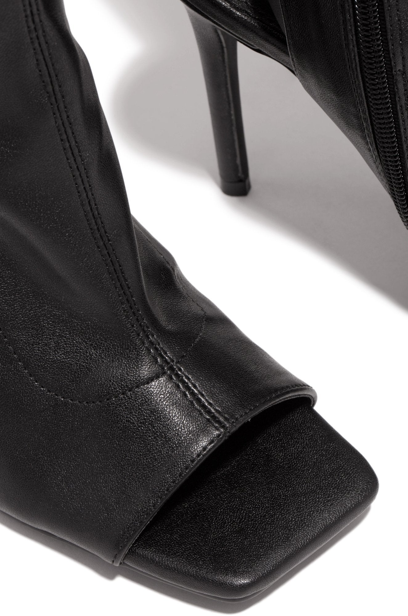 Qamar | Nude Faux Leather Peep-Toe Thigh-High Stiletto Boots