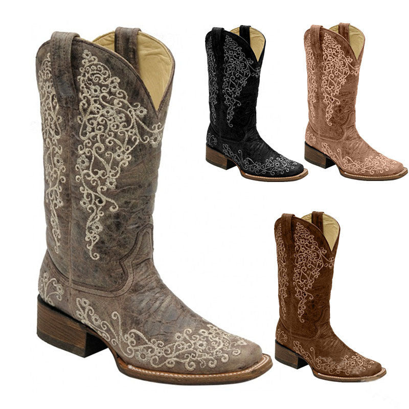 Orthopedic Balance Embroidered Mid-Calf Boots - Chunky Heel