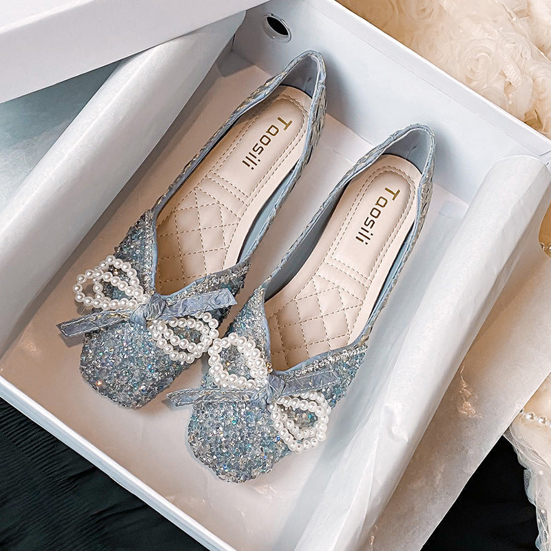 Orthopedic Balance Square Toe Flats - Rhinestone Pearl Detail