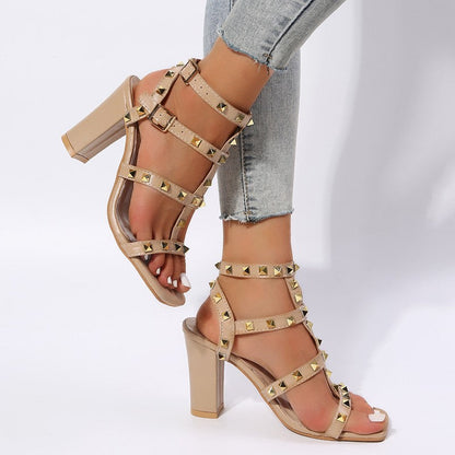 Orthopedic Balance Rivet Sandals With Square Heels - Gladiator Elegance