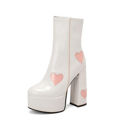 Quinley | Glossy Black Platform Heart Accent Ankle Boots