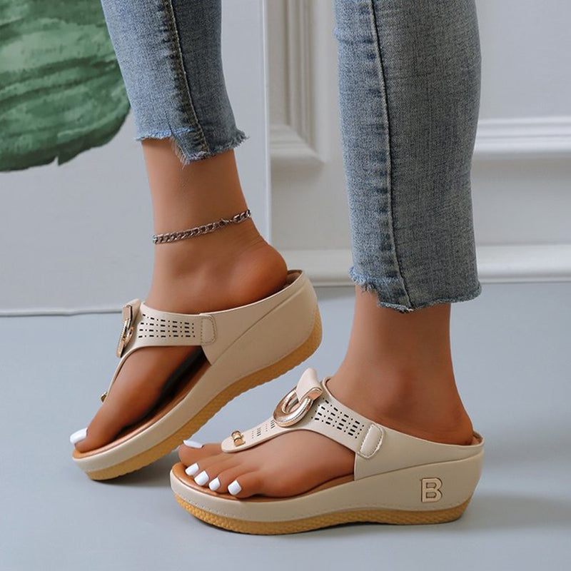 Orthopedic Balance High Heel Thong Sandals With Metallic Decorations