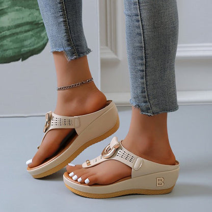 Orthopedic Balance High Heel Thong Sandals With Metallic Decorations