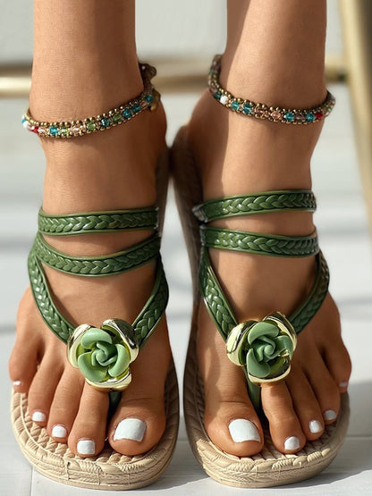 Kendall | Floral Accent Orthopedic Wedge Sandals with Toe Ring Strap