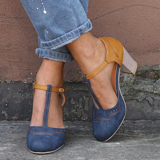 Faizah | Women’s Two-Tone Orthopedic T-Strap Block Heel Pumps