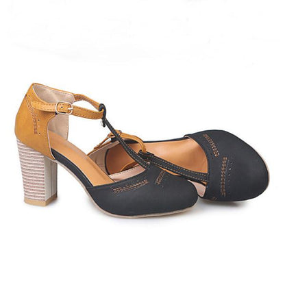 Faizah | Women’s Two-Tone Orthopedic T-Strap Block Heel Pumps