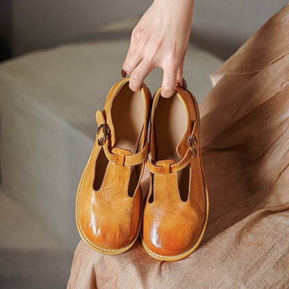 Jaala | Vintage T-Strap Leather Orthopedic Shoes with Round Buckle