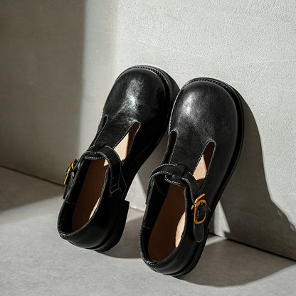 Jaala | Vintage T-Strap Leather Orthopedic Shoes with Round Buckle