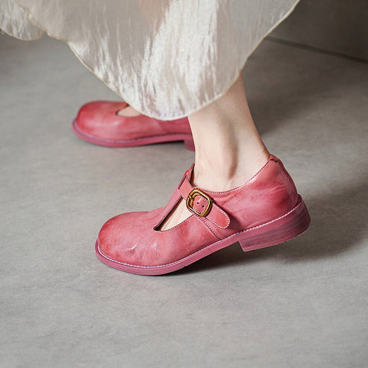 Jaala | Vintage T-Strap Leather Orthopedic Shoes with Round Buckle