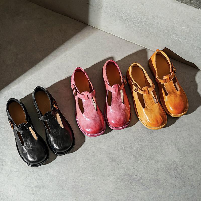 Jaala | Vintage T-Strap Leather Orthopedic Shoes with Round Buckle