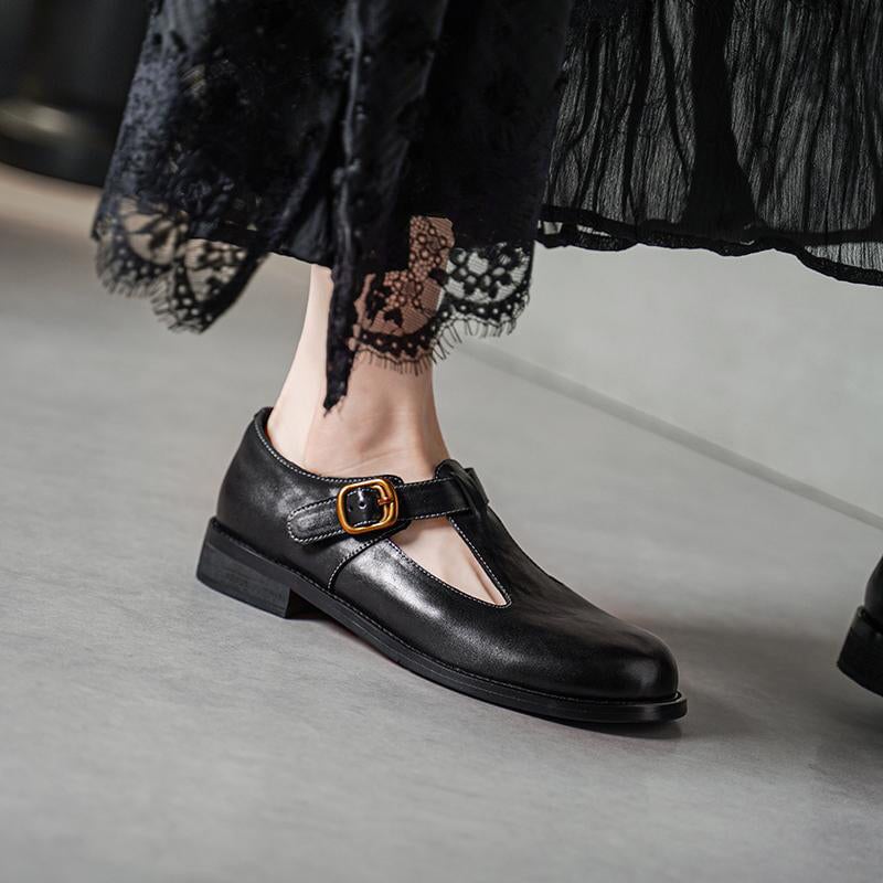 Jaala | Vintage T-Strap Leather Orthopedic Shoes with Round Buckle