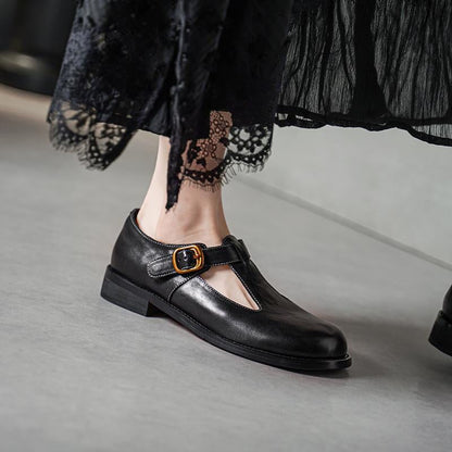Jaala | Vintage T-Strap Leather Orthopedic Shoes with Round Buckle