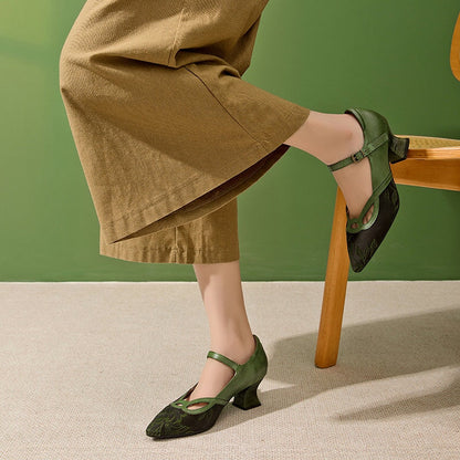 Macey | Women’s Vintage Green Mary Jane Heels with Orthopedic Support