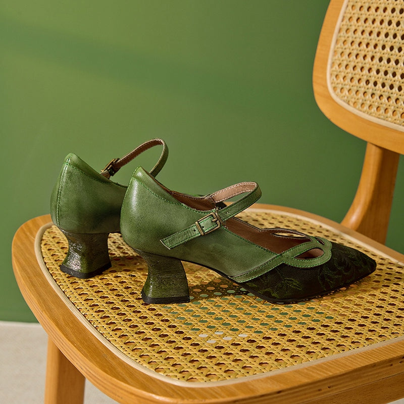 Macey | Women’s Vintage Green Mary Jane Heels with Orthopedic Support