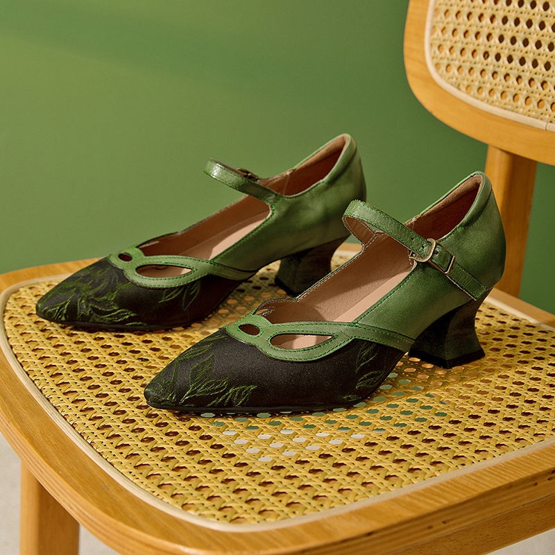 Macey | Women’s Vintage Green Mary Jane Heels with Orthopedic Support