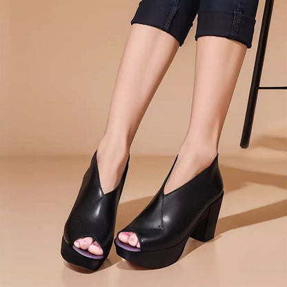 Leah | Women’s Orthopedic Peep-Toe Block Heel Leather Shoes
