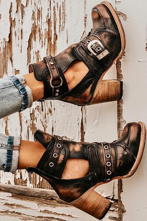 Daphne | Orthopedic Chunky Heel Cutout Ankle Boots with Buckle Straps