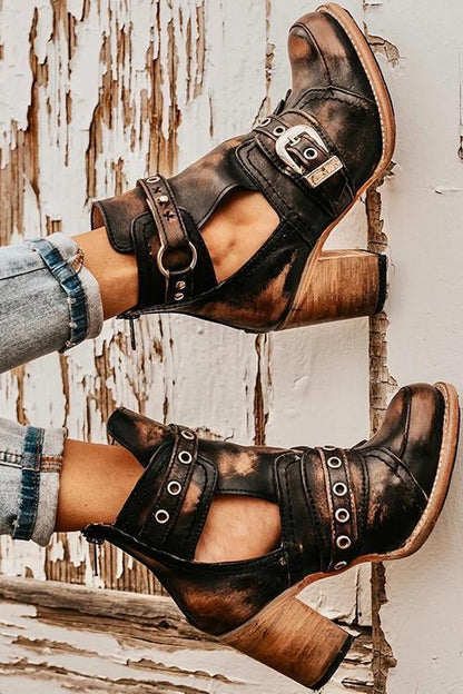 Daphne | Orthopedic Chunky Heel Cutout Ankle Boots with Buckle Straps